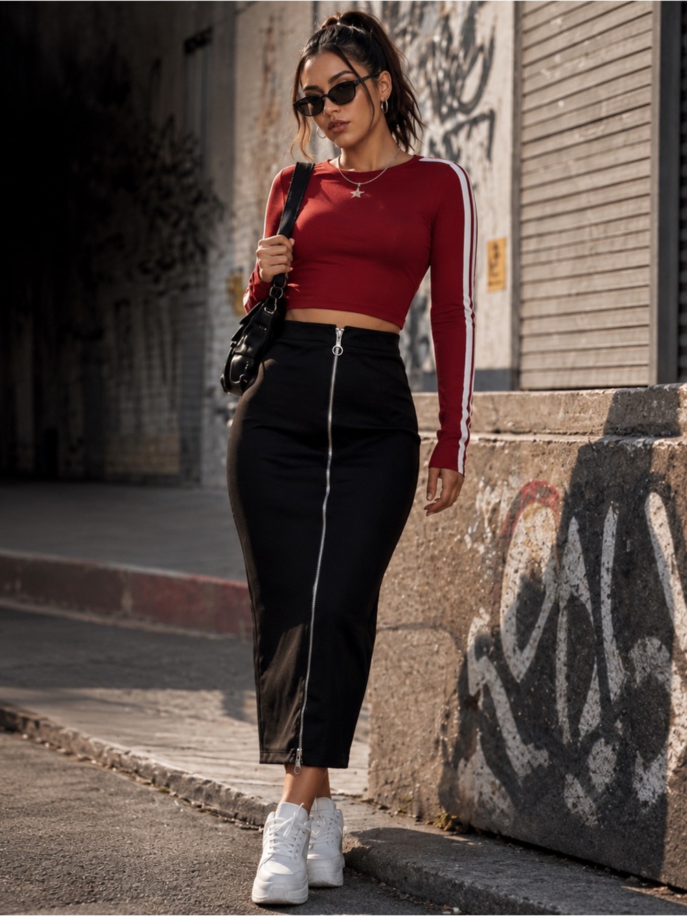 Black Bodycon Midi w/Silver Front & Back Zipper | Streetwear Y2K | Fitted Skirt